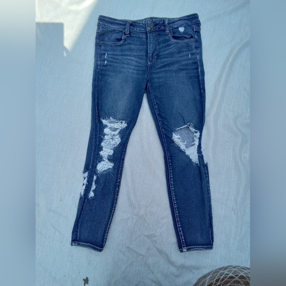 American Eagle Outfitters Dark Wash Ripped Skinny Jeans 14S